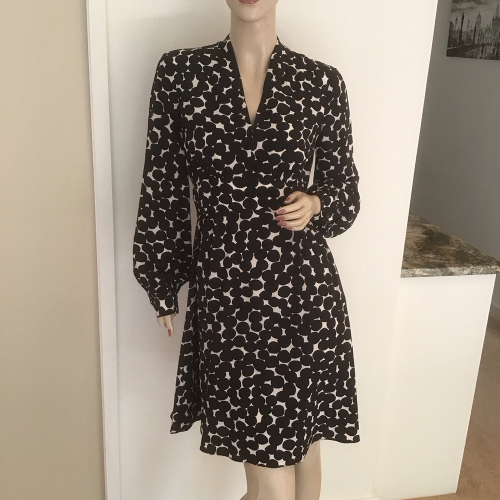 Kate Spade Black White Blot Dot Polkadot Silk Fitted Long Sleeve Dress 2